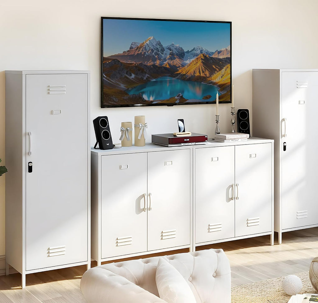 Narrow Pantry Cabinet Metal Skinny Cabinet Lockable Storage Cabinet with Door and Removable Shelves for Kitchen Pantry (White)