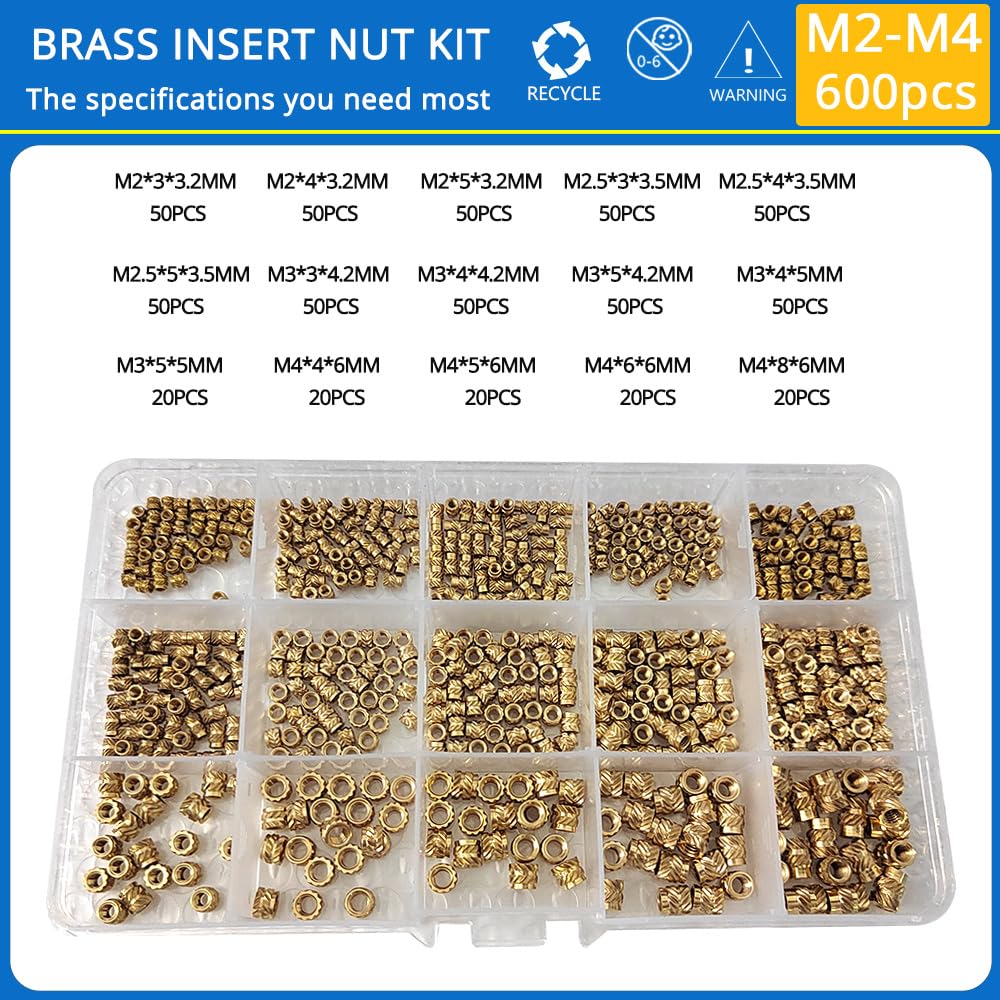 1set Threaded Inserts M2 M2.5 M3 M4 M5 M6 Heat Set Insert Nut Brass Hot Melt Knurled Double Twill Embedment Copper Nut Assortment Kit(M3 M4(1240PCS))