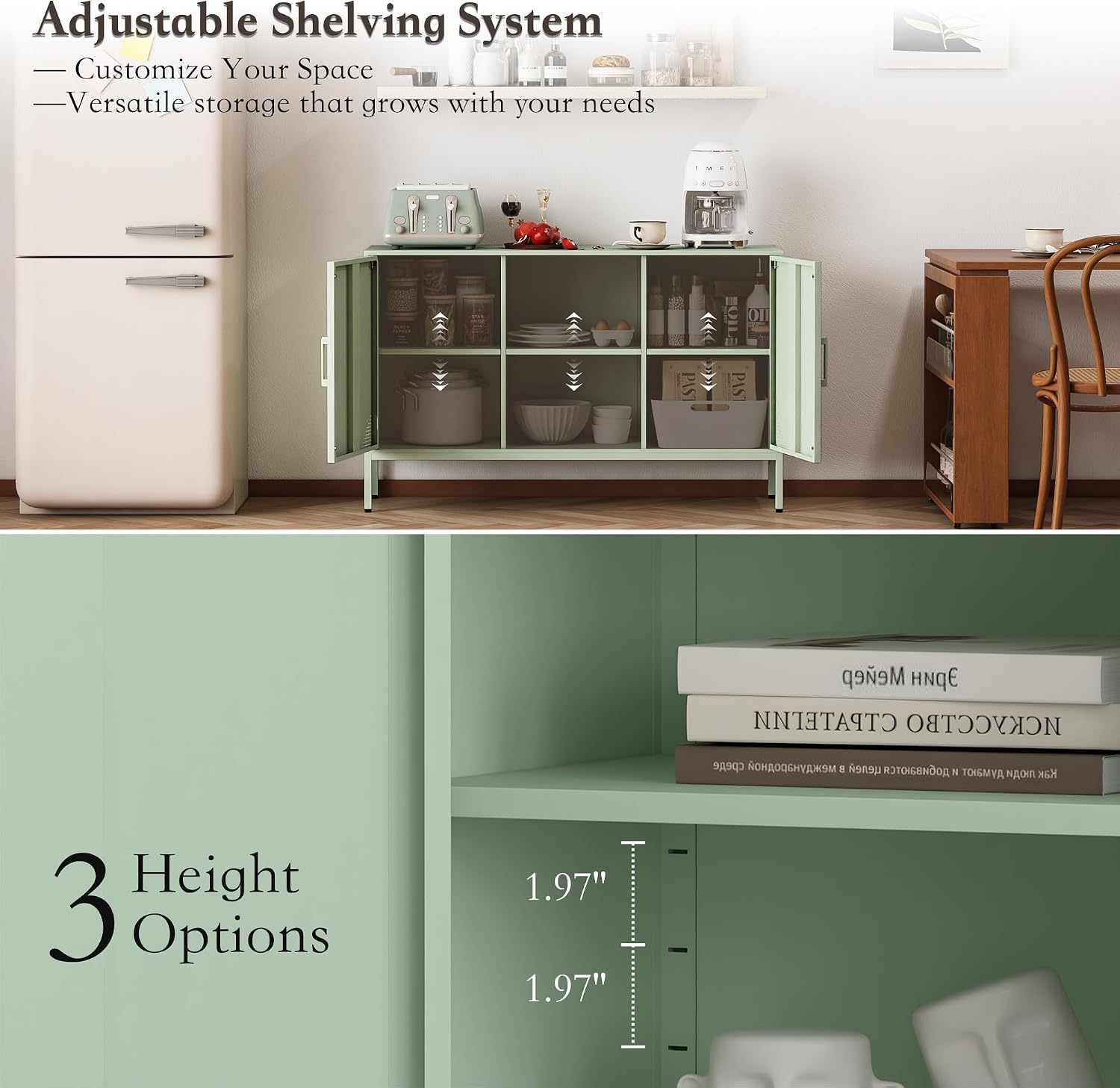Steehoom Metal Cabinet, High Capacity Green Buffet Cabinet Coffee Bar Sideboard with Adjustable Shelf, Pantry Drink Locker for Living Room, Kitchen, Bedroom, Dining Room, Entryway (Green, H29.53'')