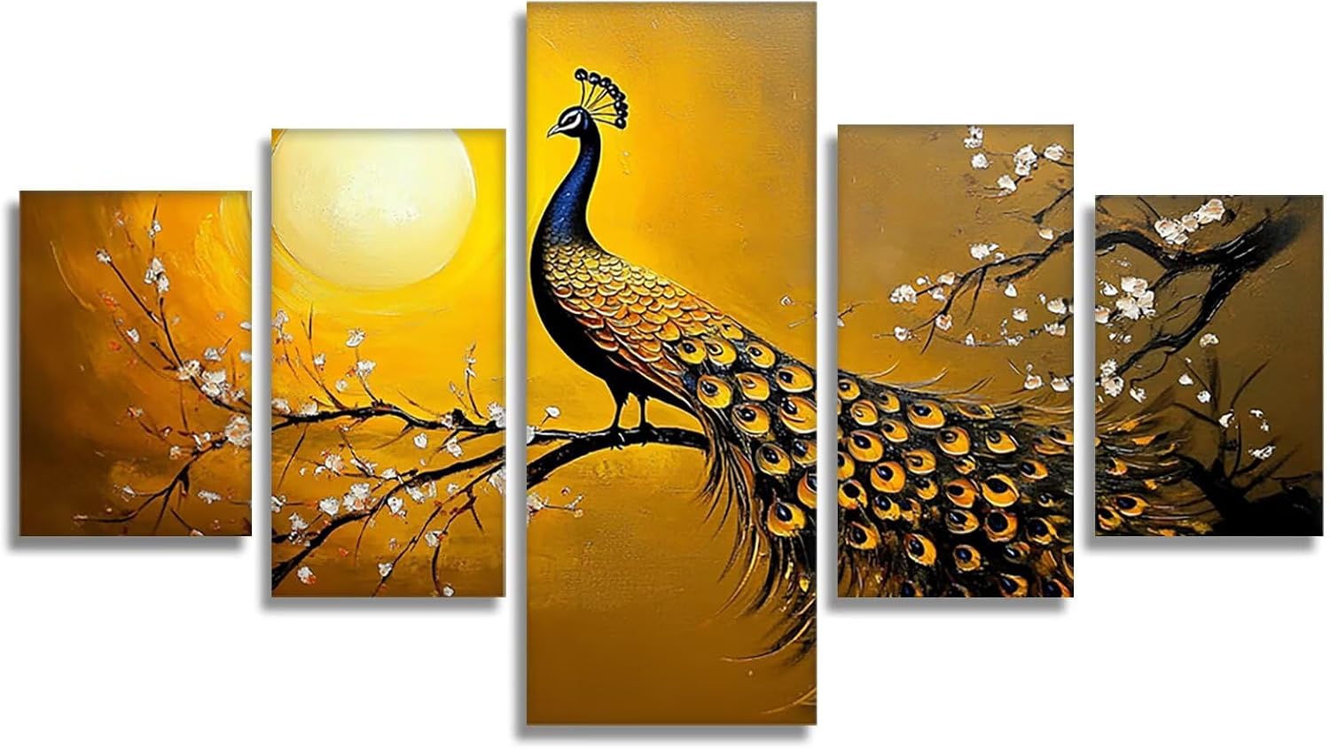 Peacock Diamond Art 5 Piece Diamond Painting Japanese Style 5D DIY Full Square Drill Dimond Art Paintings Crystal Rhinestones Crafts for Adults Gem Painting for Home Decor, 40 x 80 Inch, Model138