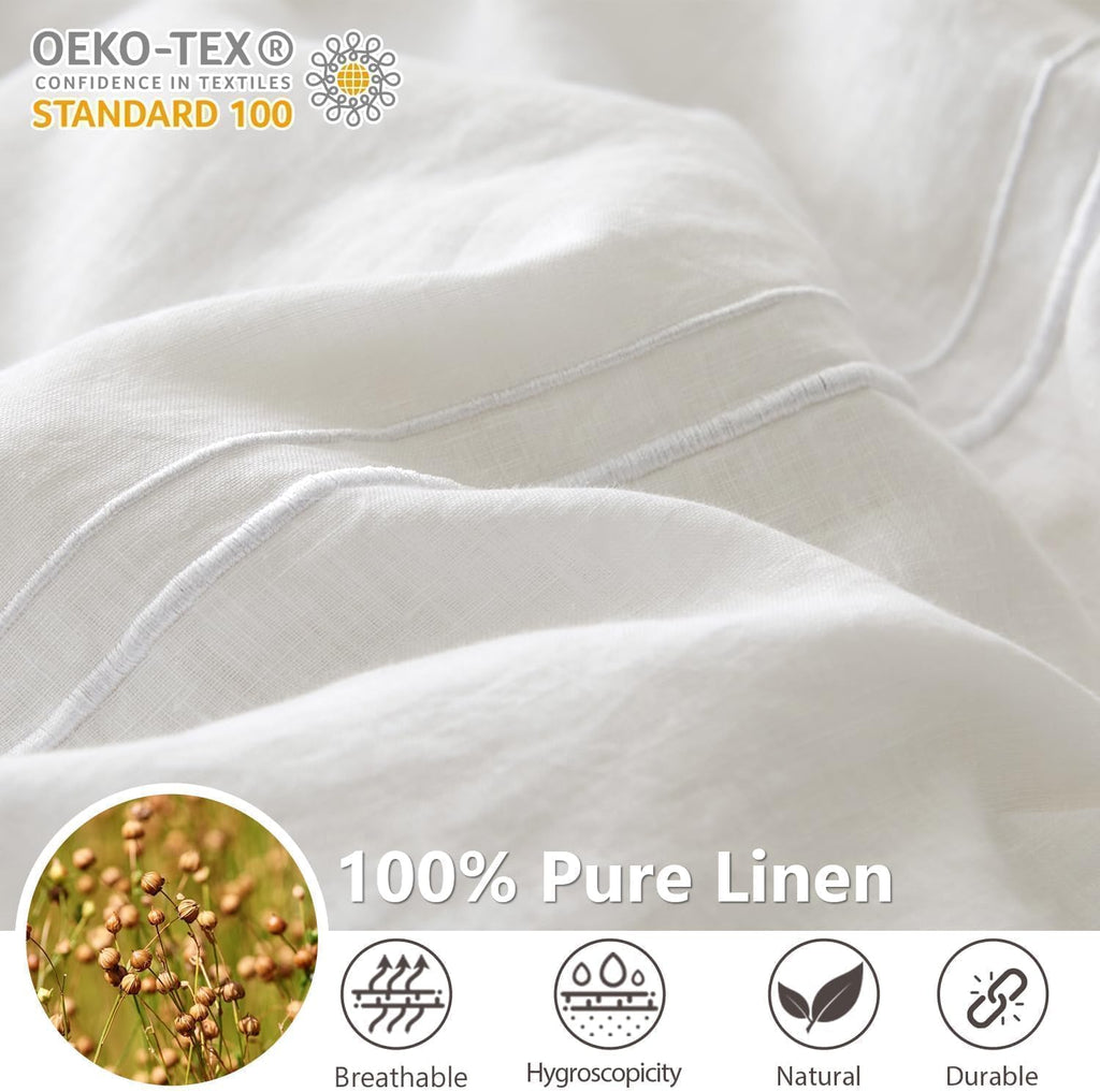 Simple&Opulence 100% Washed Linen Duvet Cover Set 88'x92' - 3 Pieces Soft Farmhouse Comforter Cover Set Double Embroidered with Button Closure - 1 Duvet Cover and 2 Pillowshams (White, Queen)