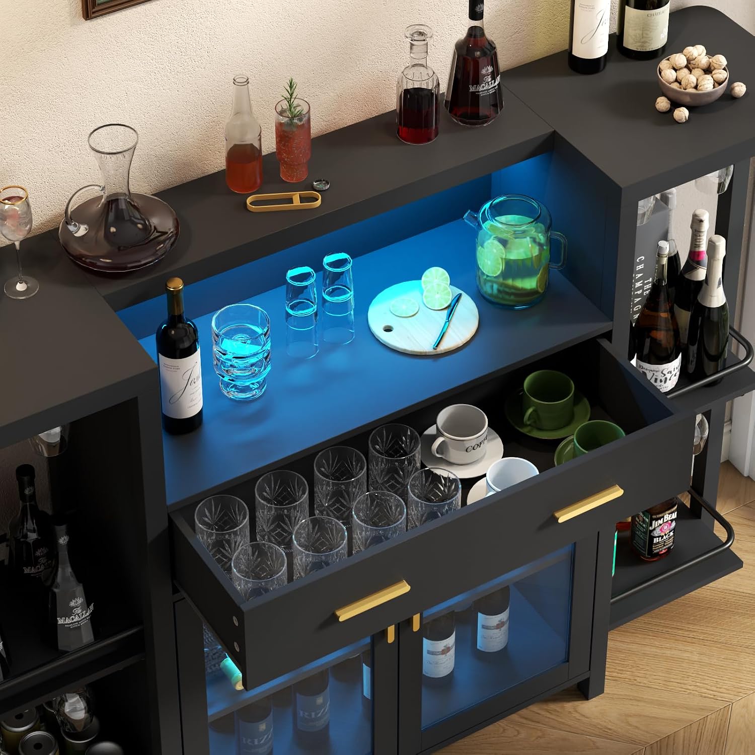 Loomie Bar Table Cabinet with LED Lights & Drawer, 8-Tier Wine Bar Cabinet with Wine Rack & Stemware Holder, Home Bar Unit Liquor Cabinets with Glass Door, Crescent Shaped Counter for Home Pub (Black)