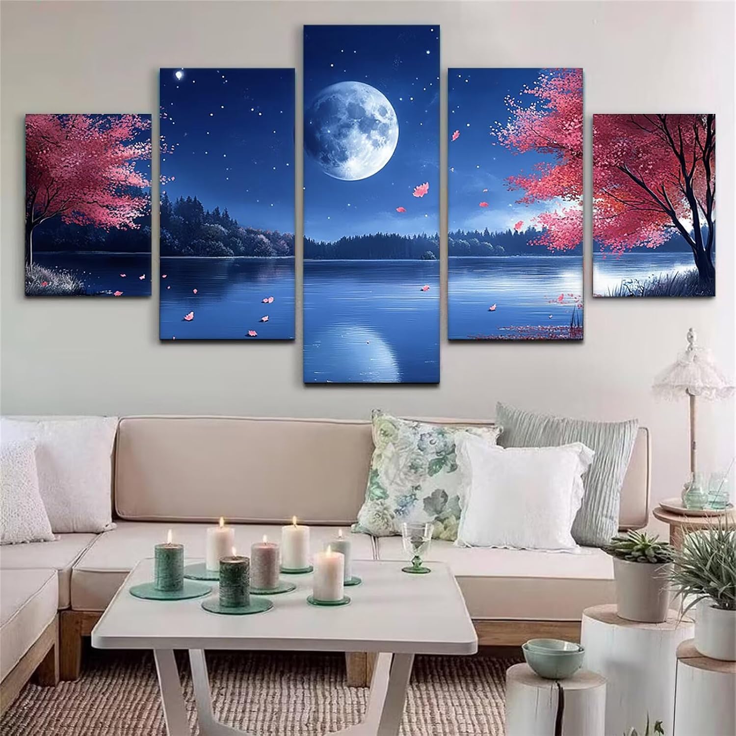 Cherry Blossoms Diamond Art 5 Piece Diamond Painting Moon 5D DIY Full Square Drill Dimond Art Paintings Crystal Rhinestones Crafts for Adults Gem Painting for Home Decor, 60 x 120 Inch, Model414