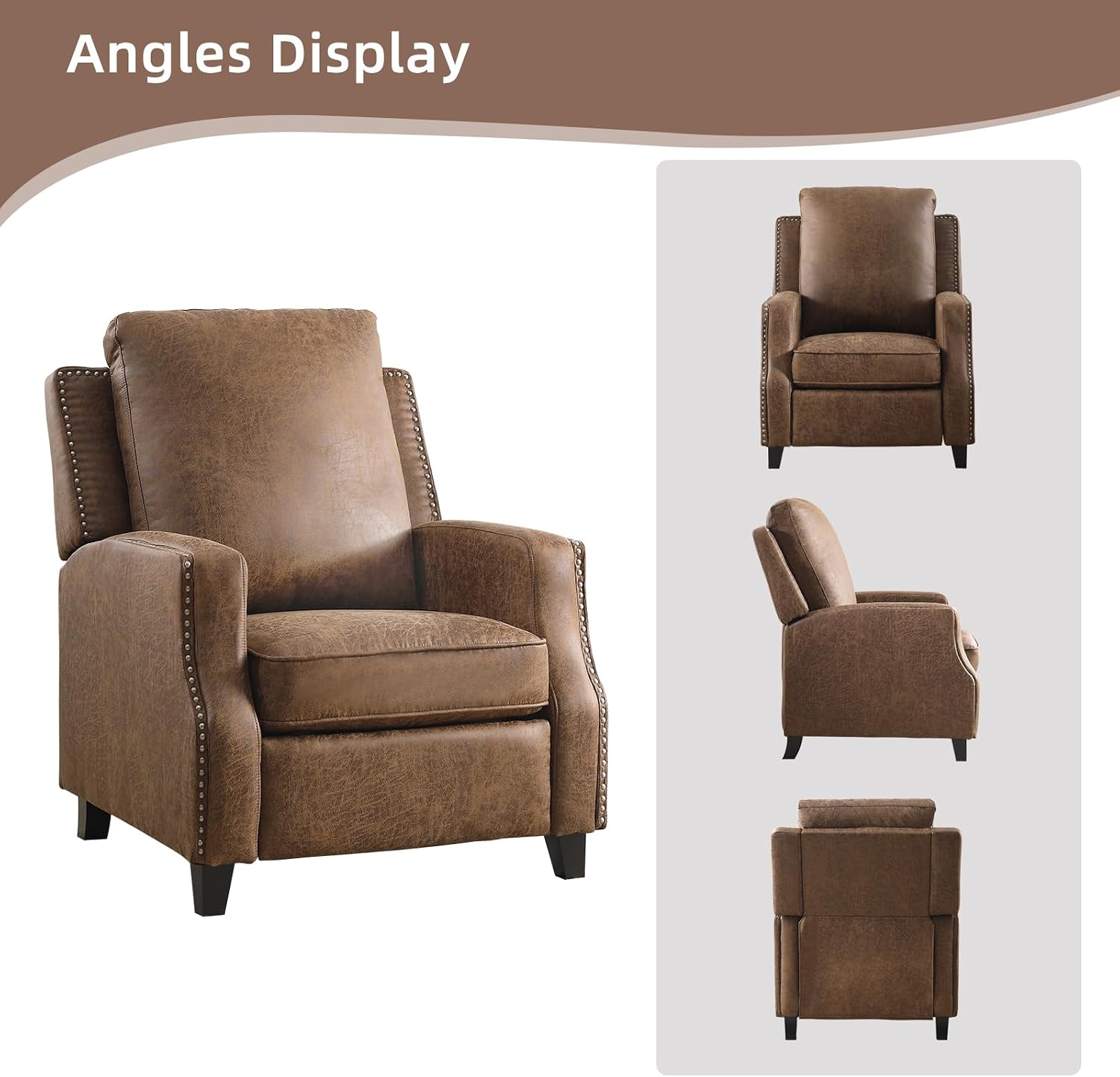Push Back Recliner Chair Faux Leather Pushback Armchair with Rivet Decoration Wingback Single Sofa Chair with Padded Seat Solid Wood Legs for Living Room, Comfy Upholstered, Brown