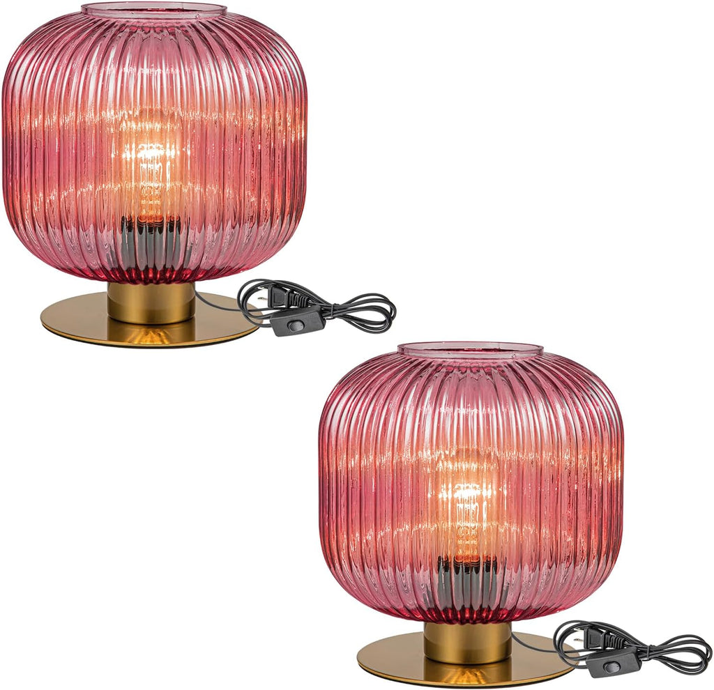 Glass Lamps Set of 2, Vintage Gold Table Lamps for Living Room End Table, Mid Century Bedside Table Lamp with Ribbed Glass Globe, Cute Desk Lamp Pink Nightstand Lamp for Girls Bedroom