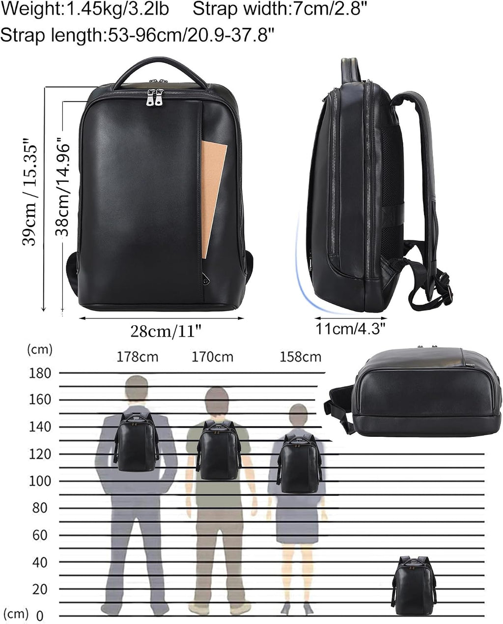 Masa Kawa Slim Leather 15' Laptop Backpack for Women Men Small Business Travel Office Work Computer Rucksack Bag Executive Casual Daypack, Black