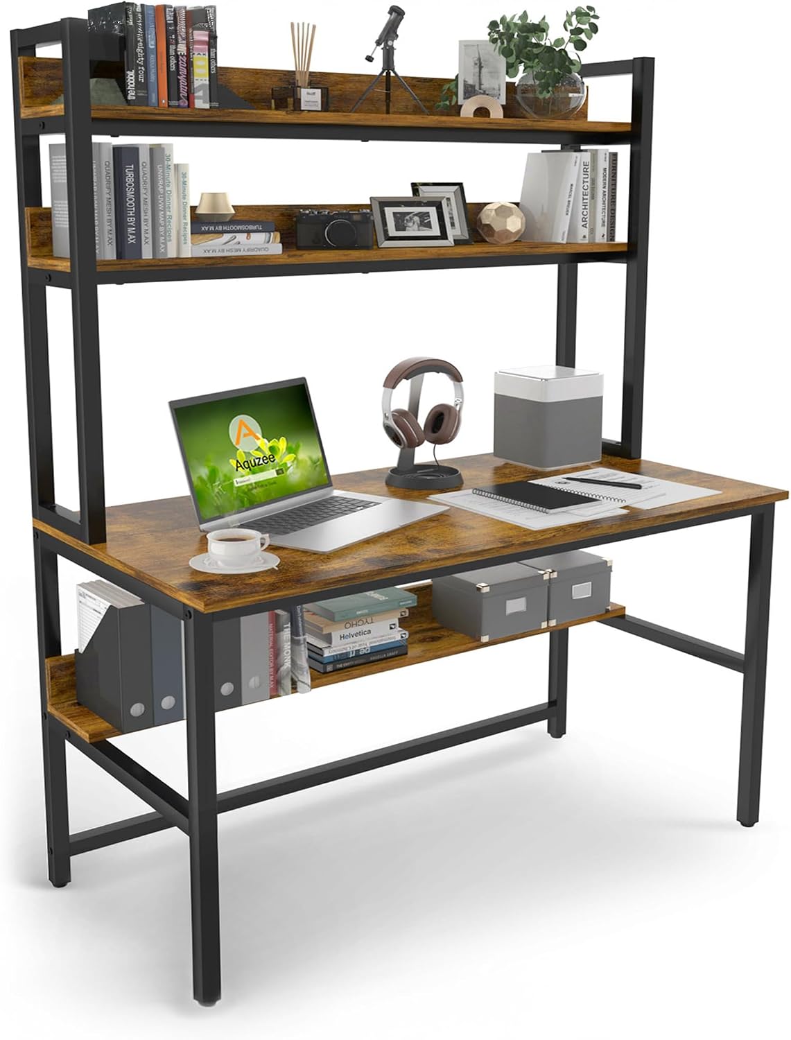 Aquzee Computer Desk with Hutch, 47'W x 23.6' D Desk with Shelves, Tall Home Office Desk with Bookshelf, Metal Legs Study Table with Upper Storage Shelf for Study Writing/Workstation