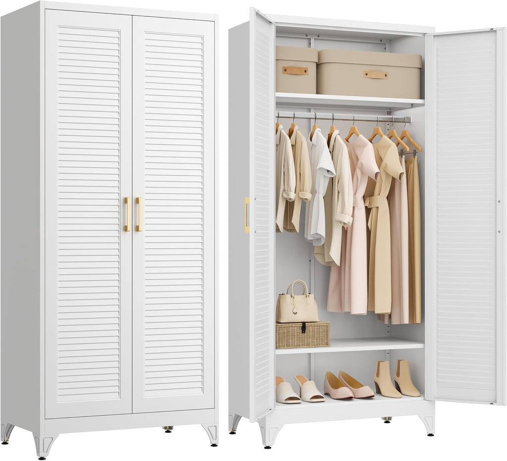 Armoire Wardrobe Closet, 71' Tall Metal Storage Cabinet with Louvered Doors and Adjustable Shelves, Clothes Wardrobe Cabinet with Hanging Rod, White Armoire, Steel Closet for Bedroom, Office