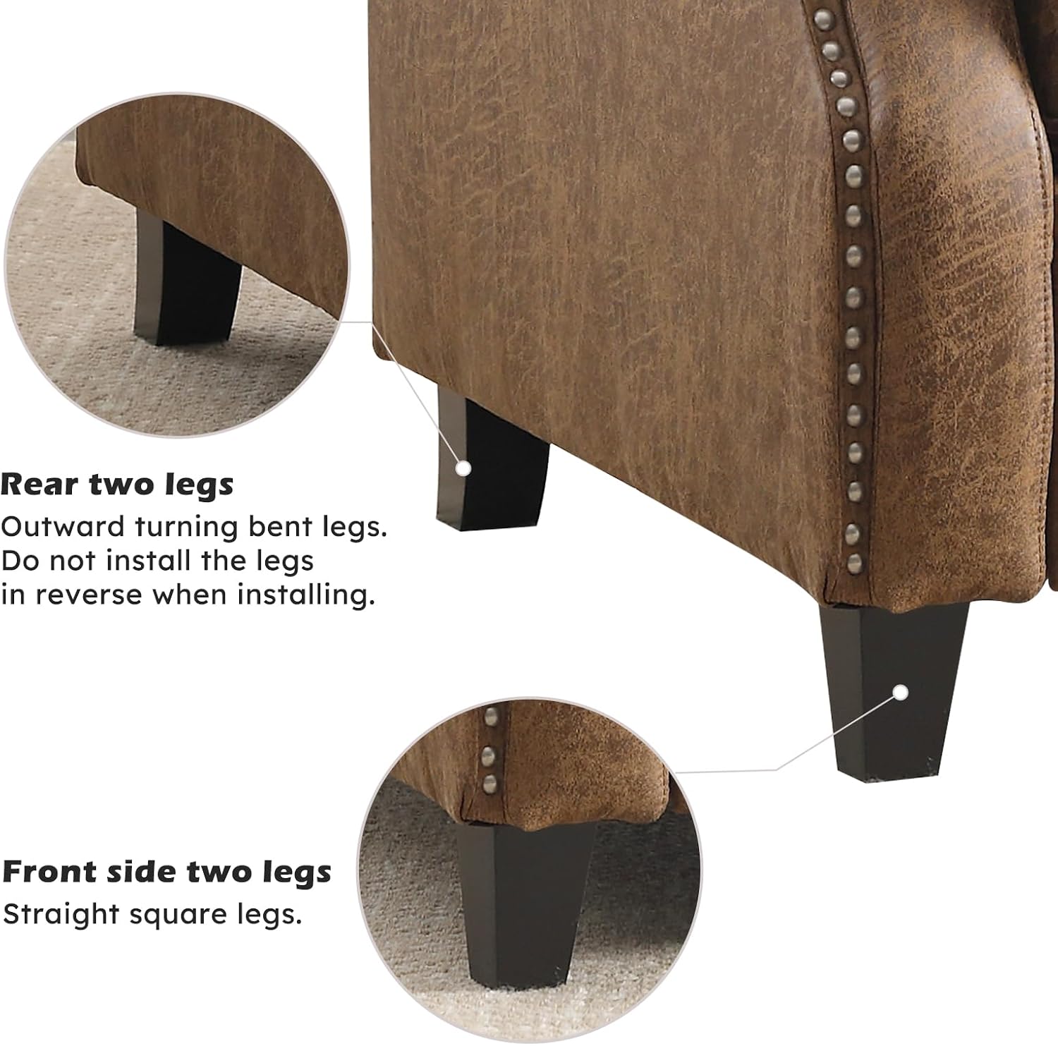 Push Back Recliner Chair Faux Leather Pushback Armchair with Rivet Decoration Wingback Single Sofa Chair with Padded Seat Solid Wood Legs for Living Room, Comfy Upholstered Set of 2, Brown