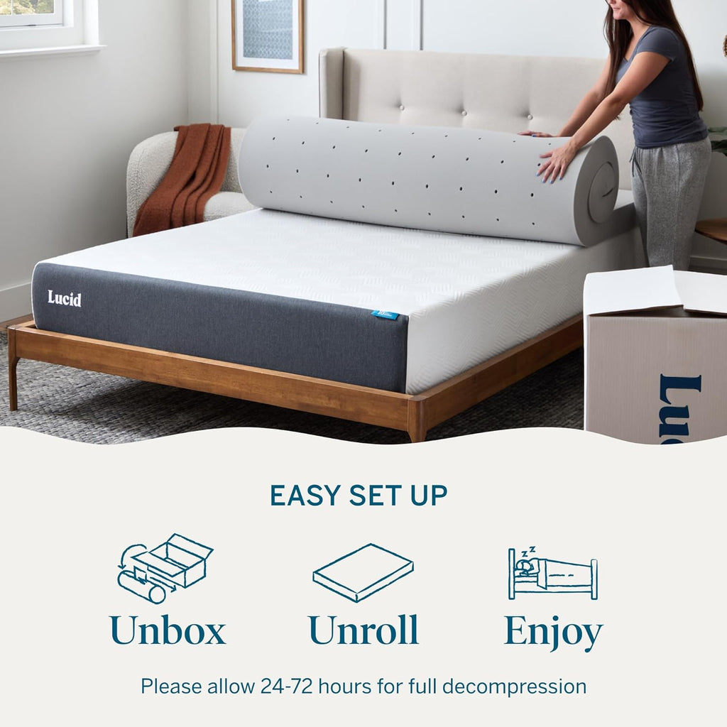 Lucid 4 Inch Bamboo Charcoal Infused Memory Foam Mattress Topper - Full Size – Moisture and Odor Control - Ventilated - Ultra Plush Feel, Pressure-Relief Bed Topper – CertiPur Certified