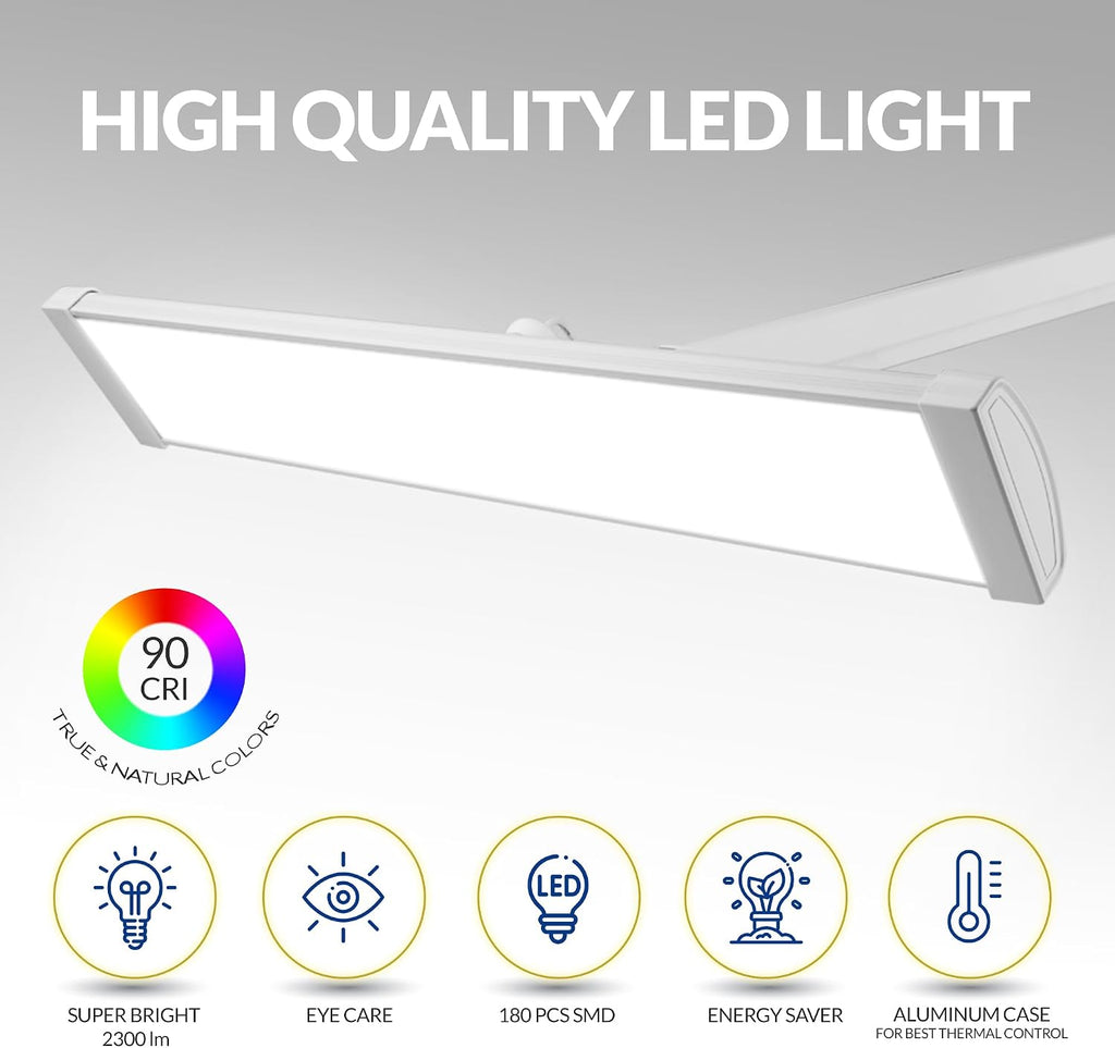Ultra Bright 2300 Lumens Powerful Professional Eye Care LED Desk Lamp - Brightness Adjustable, Modern Task Light for Home, Beauty, Crafting, Office, and Workbench (Daylight, Dimming, White)