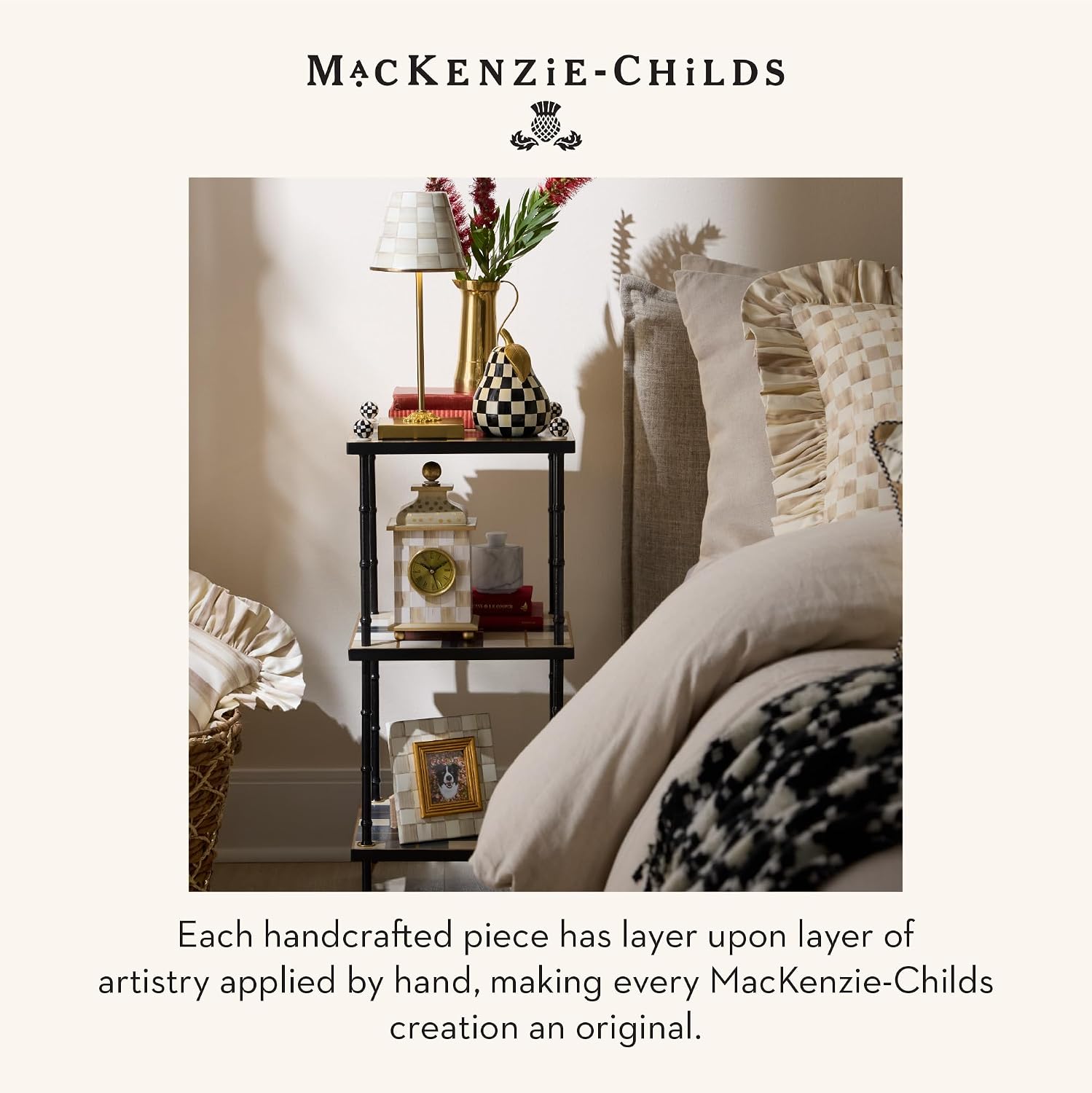 MACKENZIE-CHILDS LED Rechargeable Cafe Table Lamp, Cordless Decorative Lamp, Brown-and-White Mocha Check