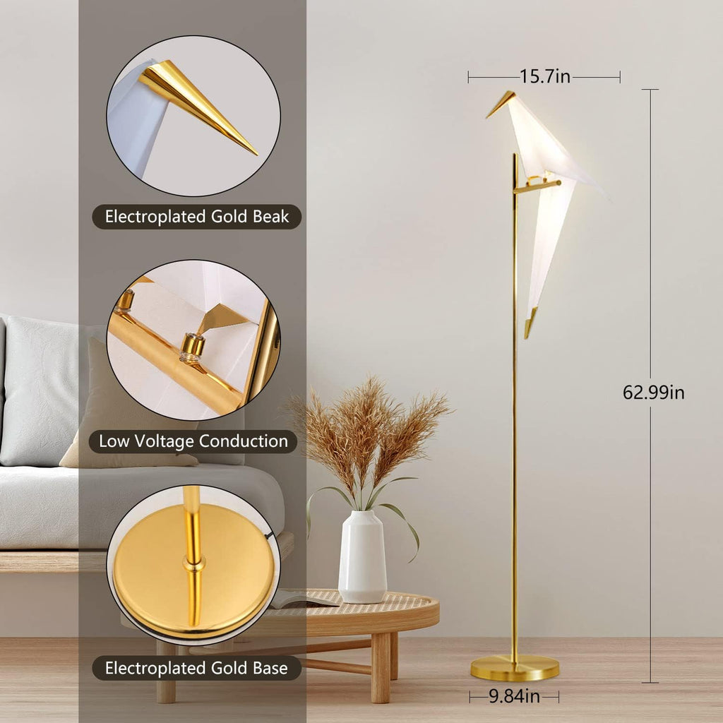62-Inch Modern Bird Floor Lamp, Origami Bird Lamp Gold Standing Lamp with Birds Shade Swing Paper Crane Floor Light Fixtures for Living Room Bedroom Office