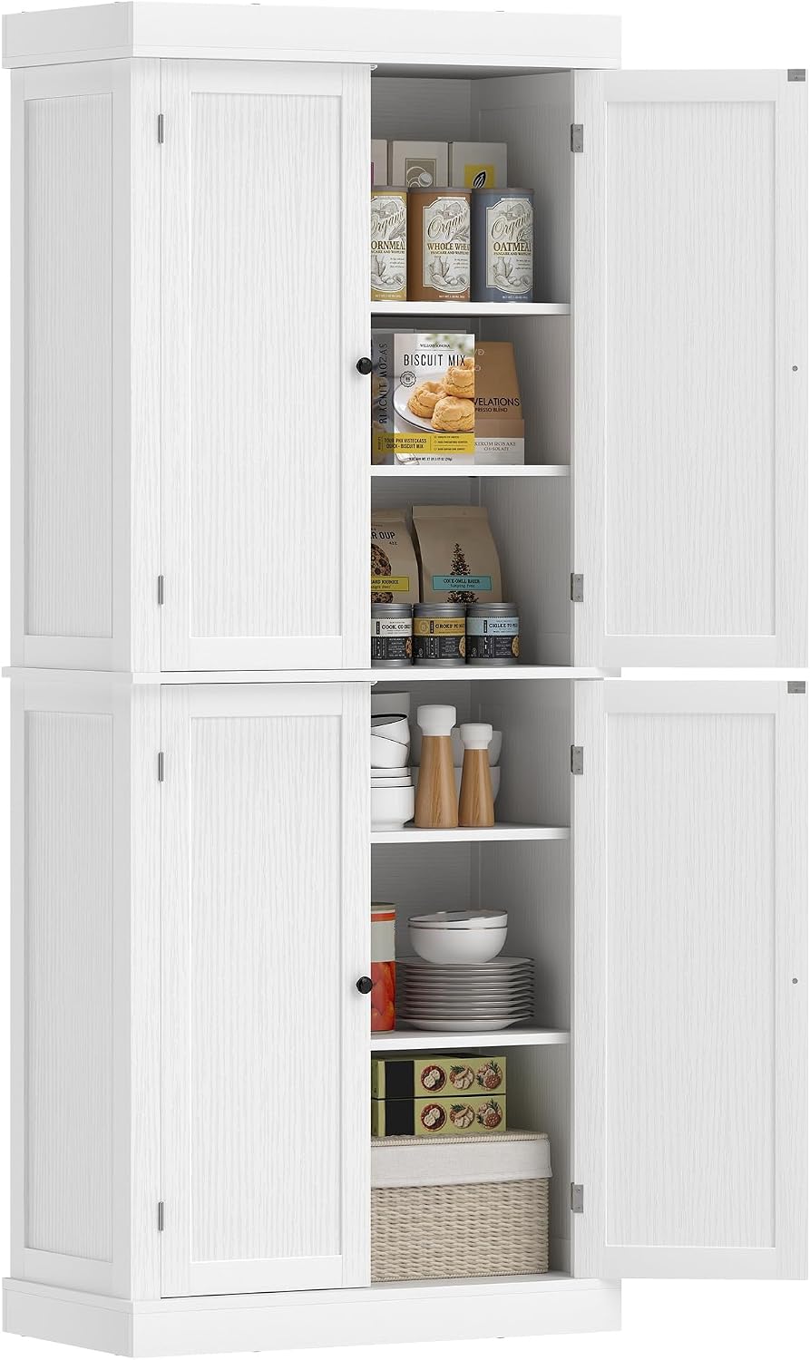HOMCOM 72.5' Tall Kitchen Pantry Cabinet, Freestanding Modern Farmhouse Kitchen Storage Cabinet with 4 Doors and 2 Adjustable Shelves for Dining Room, White Wood Grain