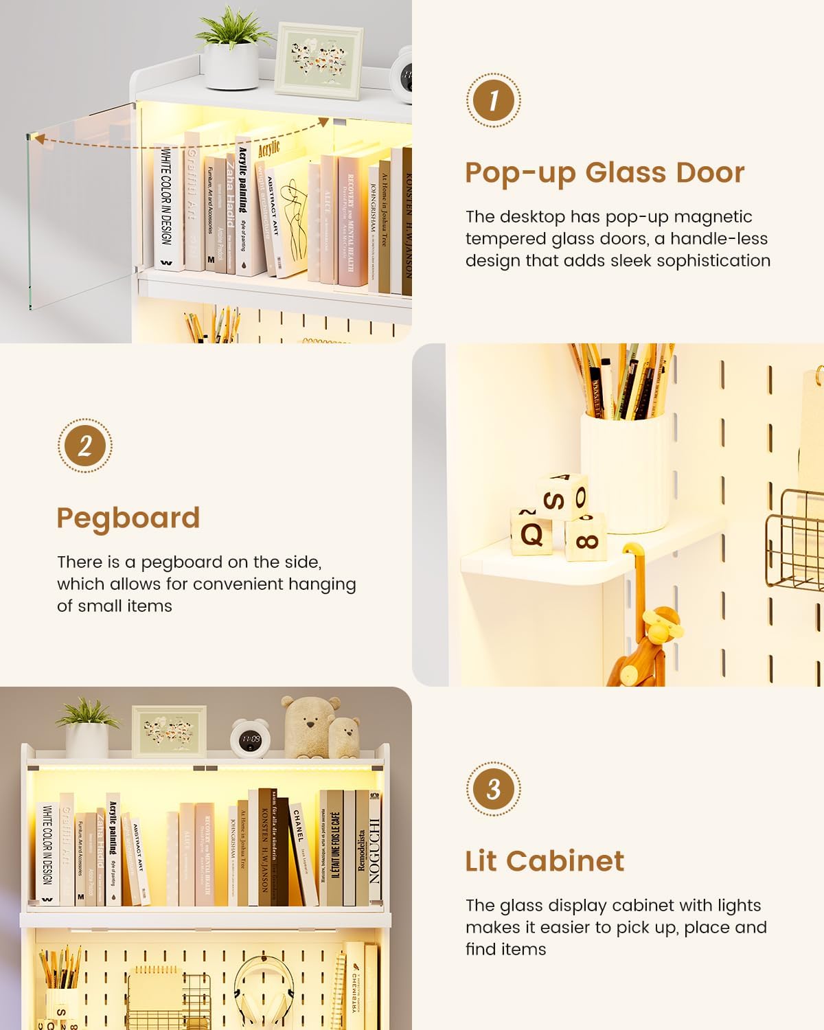 HNEBC White Computer Desk - with Power Outlets & Chariging Station,Small Writing Desk with Hutch and Drawers,66.3''H Office Desk with Pull-Out LED Lights,Pop-up Glass Door,Pegboards,Bedroom