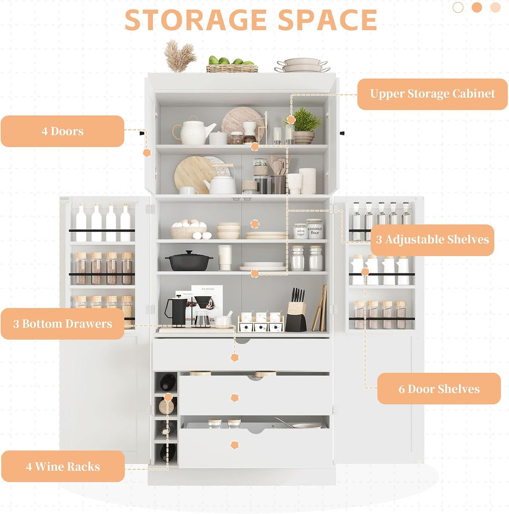 77'' Tall Freestanding Kitchen Pantry, 35''Lx17.7''W Wooden Kitchen Organizers Cupboard Storage Cabinet with Adjustable Shelves, Door Shelves, Drawers and Wine Racks (White-2.12)