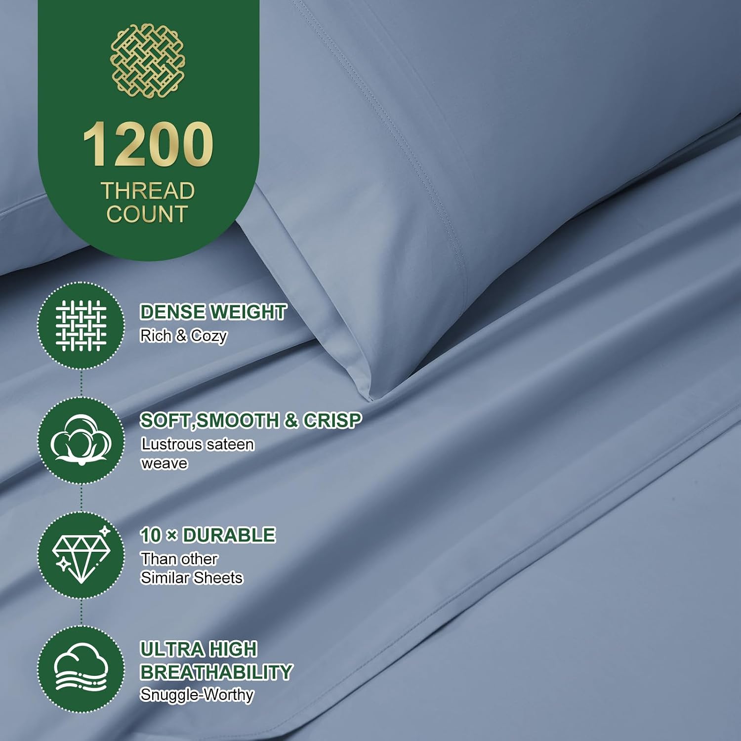 Ivellow 100% Egyptian Cotton Sheets Queen Size Set - 1200 Thread Count 6 PC 18' Deep Pocket Queen Size Bed Sheet Set，Luxury Soft Breathable Dusty Blue Cooling Sheet Sets Durable Hotel Quality Bedding