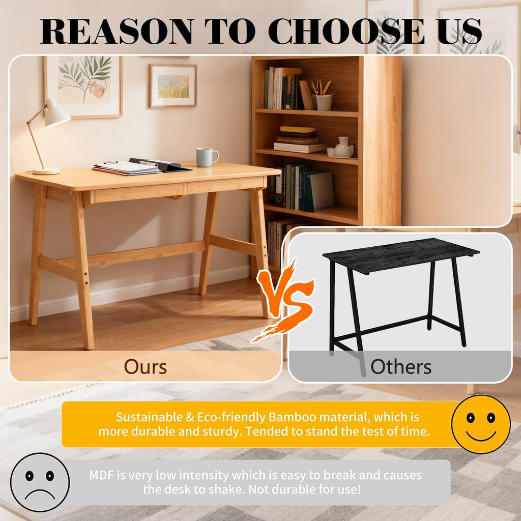 Nnewvante Writing Computer Desk 46' Bamboo Home Office Table with 2 Drawers, Modern Furniture Simple Study Makeup Workstation