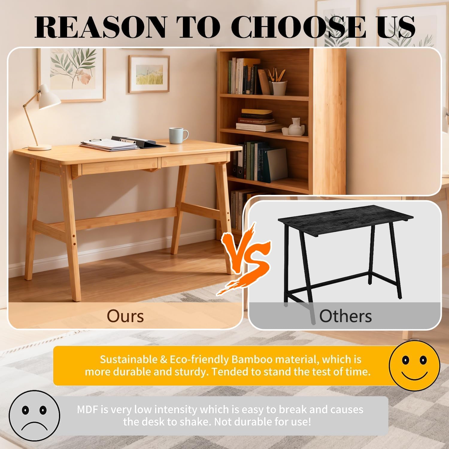 Nnewvante Writing Computer Desk 46' Bamboo Home Office Table with 2 Drawers, Modern Furniture Simple Study Makeup Workstation