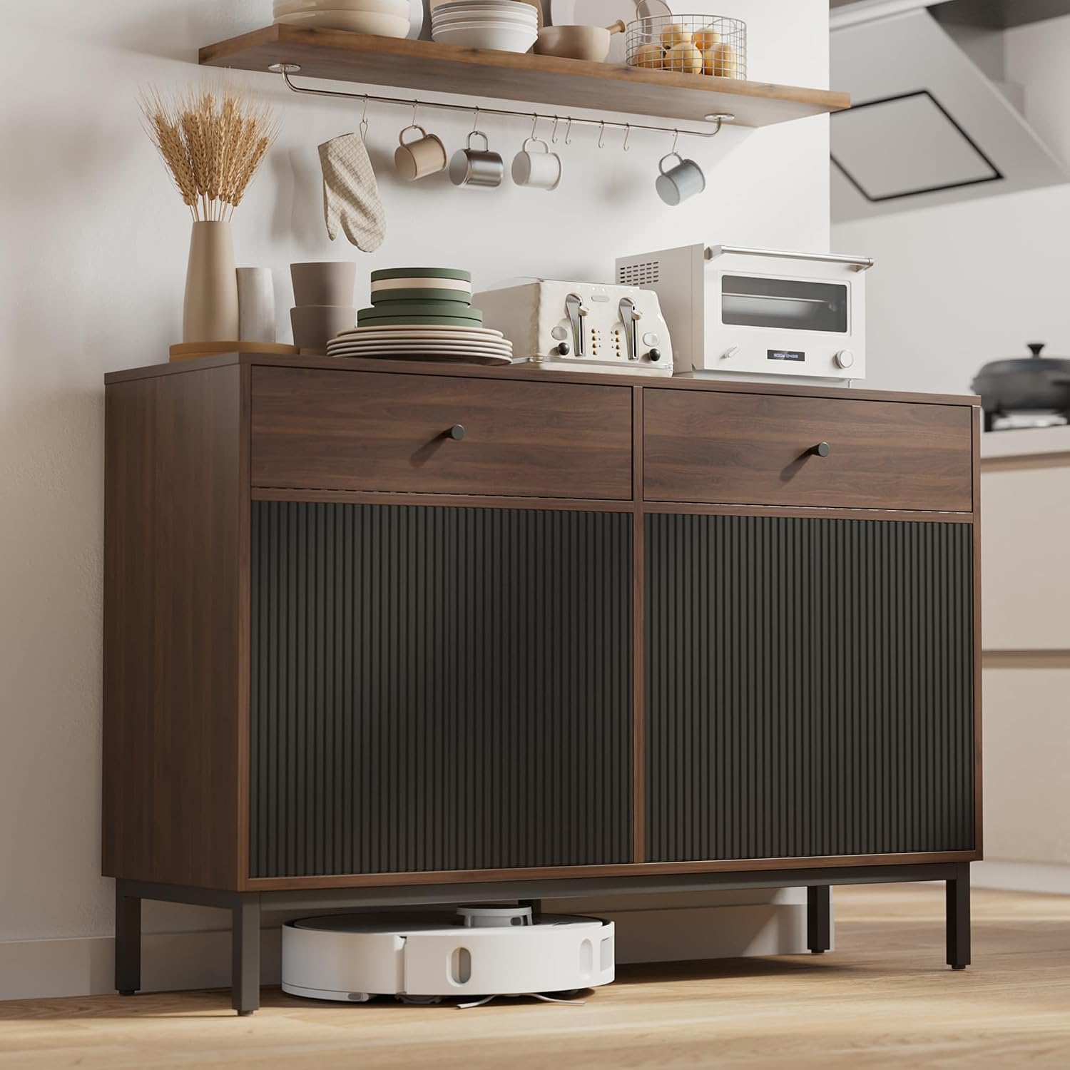 Mericonia Farmhouse Buffet Sideboard Cabinet with Storage, Fluted Coffee Bar with Doors and Adjustable Shelves, Modern Wood Console Cabinet with Drawers (4 Door, Walnut&Black 2 Drawer)