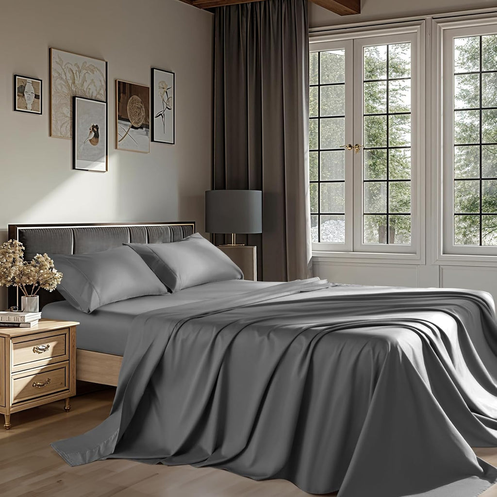 100% Egyptian Cotton Sheets Queen Size 4 Pcs Sheet Sets 1200 Thread Count 16' Deep Pocket Fitted Sheet Soft Breathable Bedding Set (Queen, Dark Gray)