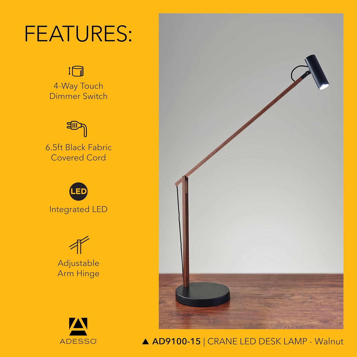 ADS360 AD9100-15 Crane LED Desk Lamp,Walnut/Black