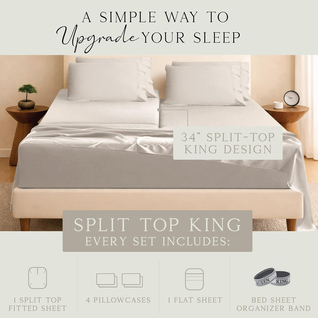 KARISSA MAE 6 Piece Pure Viscose from Bamboo 34' Split Top King Size Sheet Set | 100% FSC Certified | Luxuriously Soft | Cooling | 18' Deep Pocket w/Corner Straps | 4 Pillowcases [Dune]