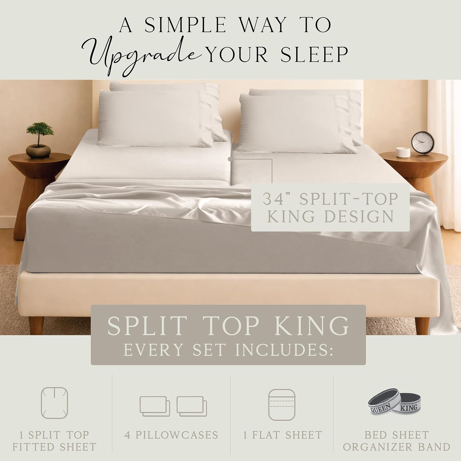 KARISSA MAE 6 Piece Pure Viscose from Bamboo 34' Split Top King Size Sheet Set | 100% FSC Certified | Luxuriously Soft | Cooling | 18' Deep Pocket w/Corner Straps | 4 Pillowcases [Dune]