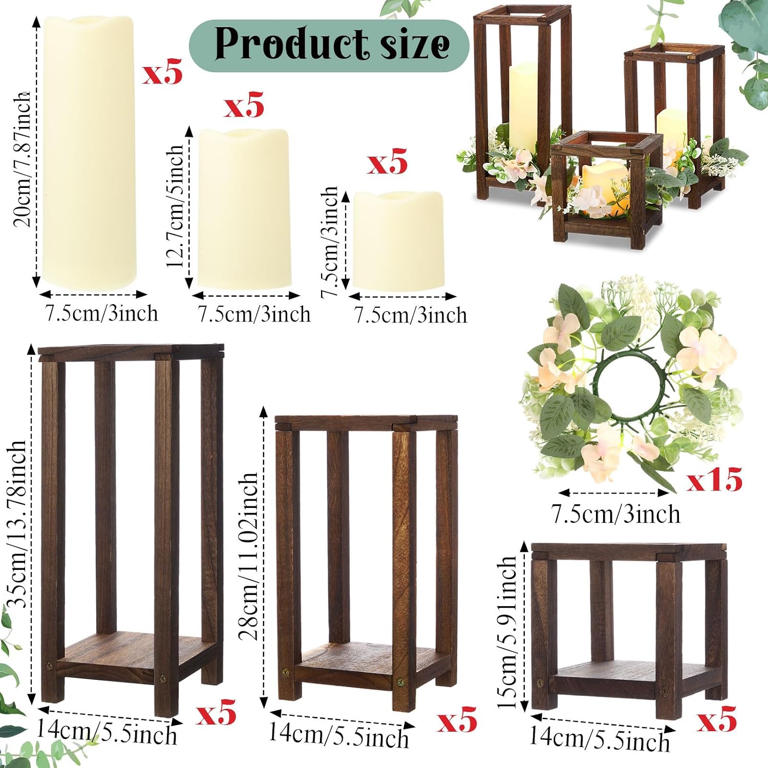 Hushee 15 Set 45 Pcs Wooden Wedding Lantern Centerpiece Wooden Candle Lantern Set Rustic Holder for Wedding Table Decoration Farmhouse for Birthday Party(Brown)