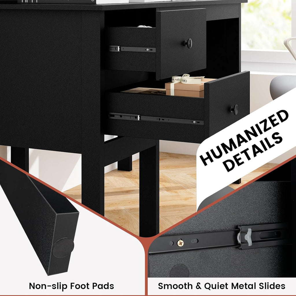 Tangkula Black Desk with Drawers & Hutch, Modern Home Office Desk with Power Outlets, USB Ports & Type-C, Writing Study Desk with 5-Cubby Hutch, Computer Workstation Makeup Vanity Desk