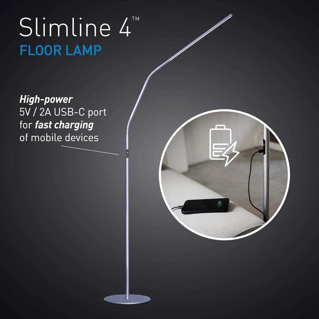 Daylight Slimline 4 LED Floor Lamp - 6,000K, 3,200 Lux, 4 Brightness Levels, USB-C Port for Fast Charging - Sleek Design, Anti-Glare Shade, Flexible Height Adjustment - Ice Grey