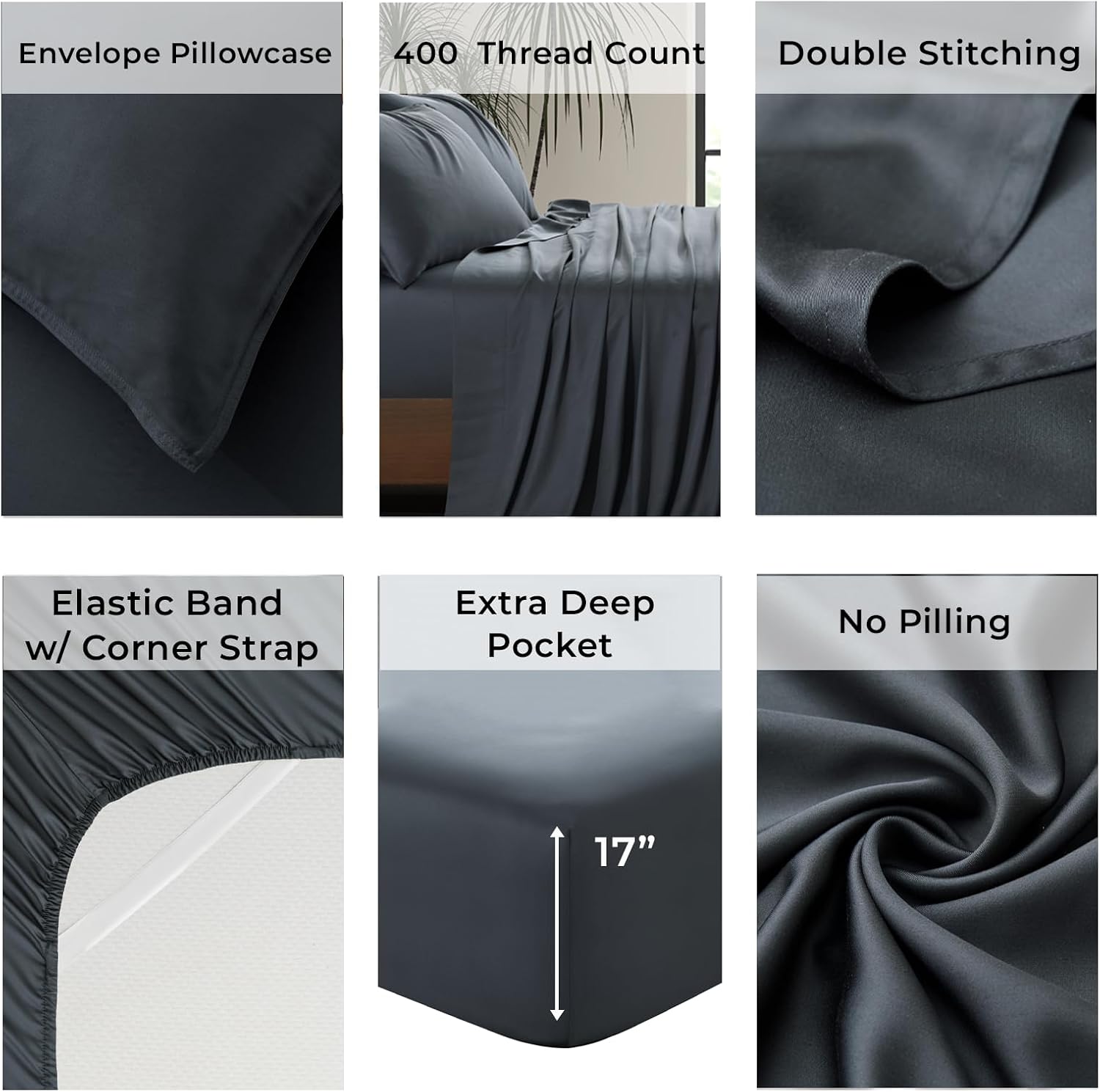 Luxury Bamboo Market | King Size Bed Sheet Set | 100% Viscose Made from Bamboo | Organically Grown | Ultra Soft | Cooling Sheets for Hot Sleepers | 17' Deep Pocket [Charcoal Grey]