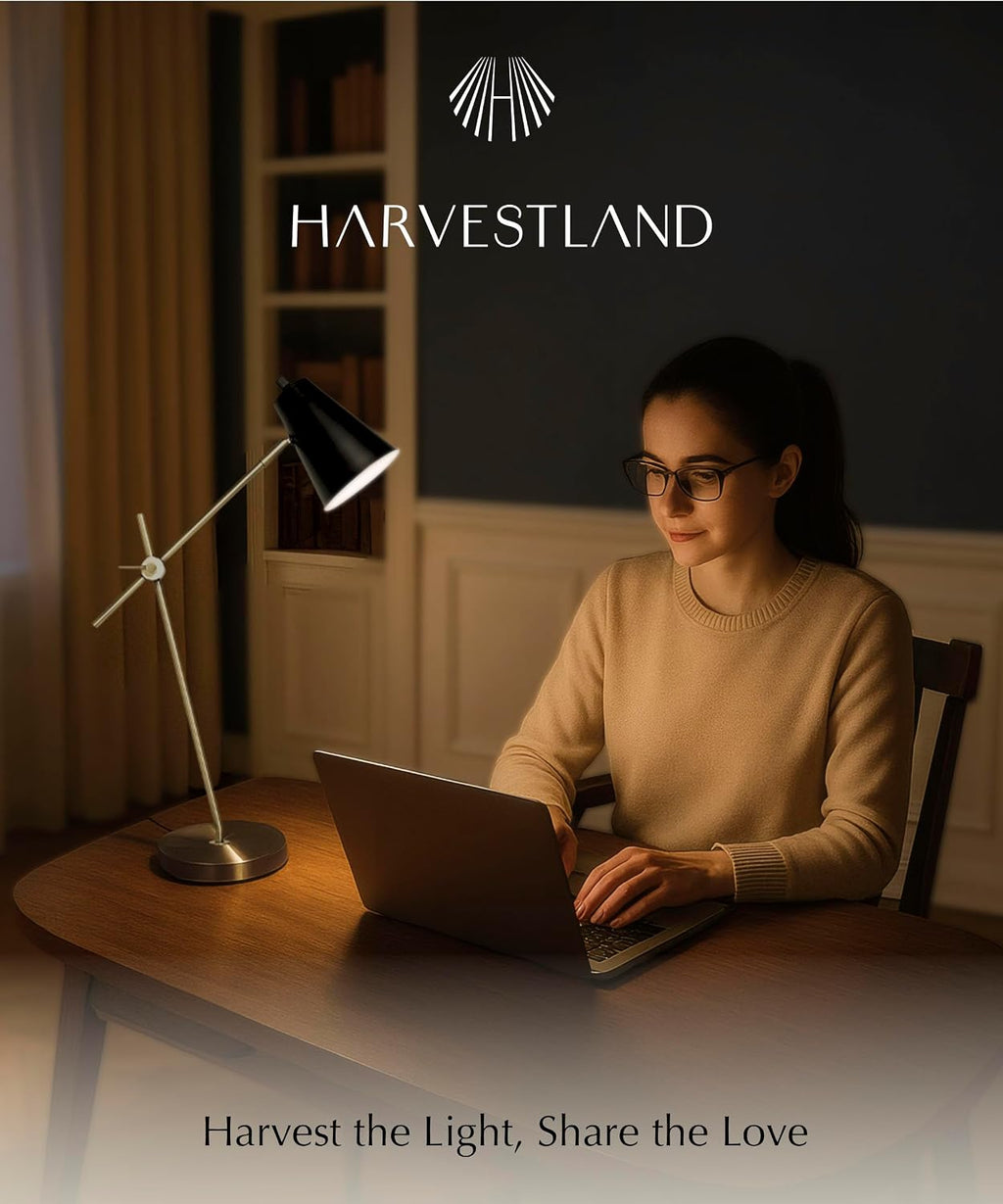 HarvestLand HaloBar Brass Desk Lamp Home Office – Black Industrial Table Lamp with Solid Base for Office, Reading Lamps for Bedside Table, Study and Reading Task Lamp, Gifts for Men