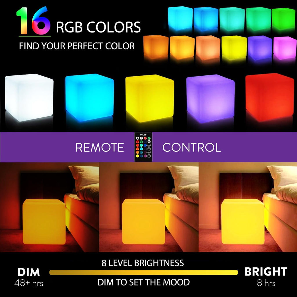 Mr.Go 16-Inch Rechargeable LED Cube Chair Light, 16 RGB Colors Glow Cube Seat w/Remote, Waterproof LED Cube Table, Color Changing Cubes Floor Lamp, Home Bedroom Patio Party Decorative Lighting