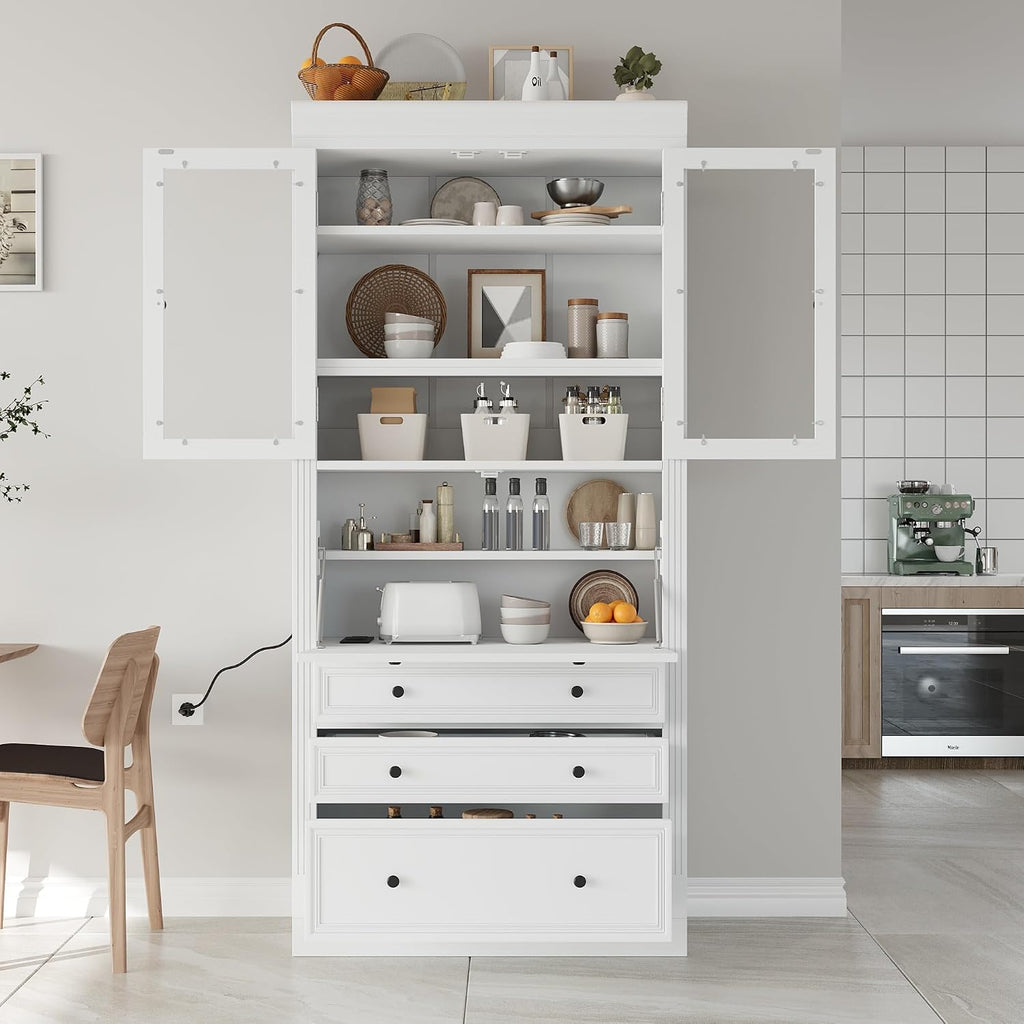 78 inch Tall Kitchen Pantry Cabinet with 3 Drawers and Adjustable Shelves, Wood Storage Cabinet with Drop-Down Surface and Glass Doors for Dining Room and Living Room (White//3)