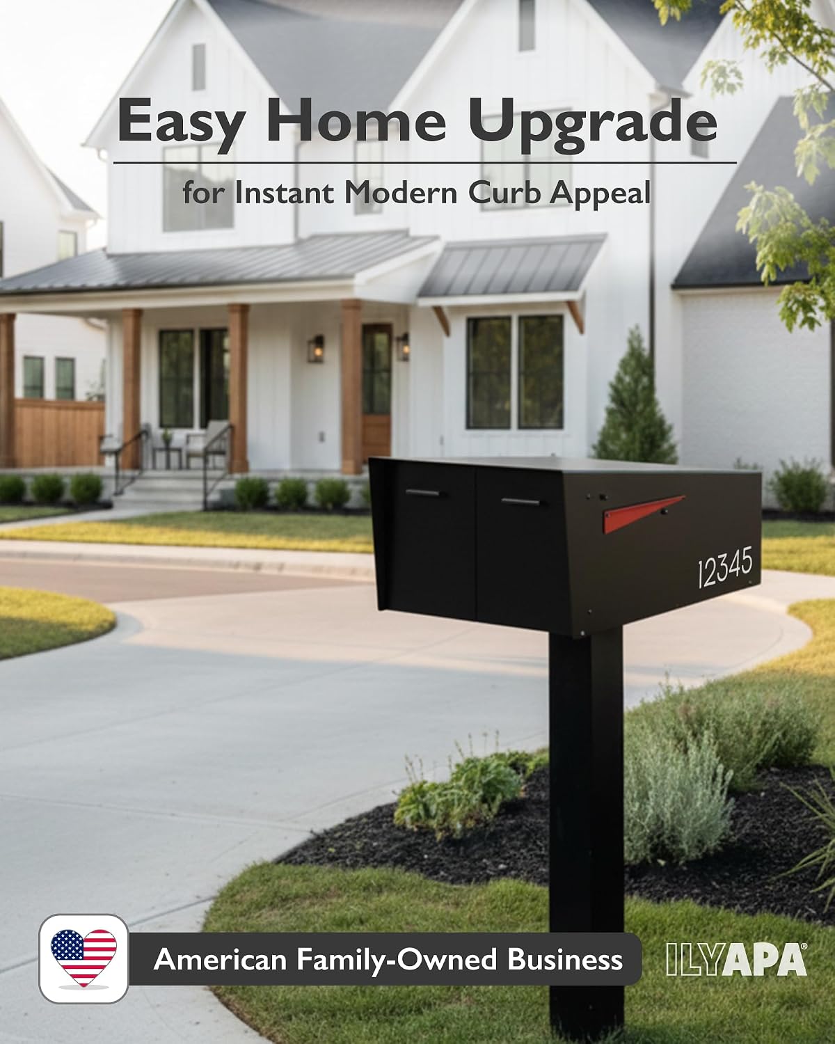 Ilyapa Black Double Mailbox, Post Mount Mailboxes for Outside- Two Sided Mail Box for 2 Houses with Standard Single Mounting, Door Numbering Kit, Outdoor All Weather with Magnetic Doors