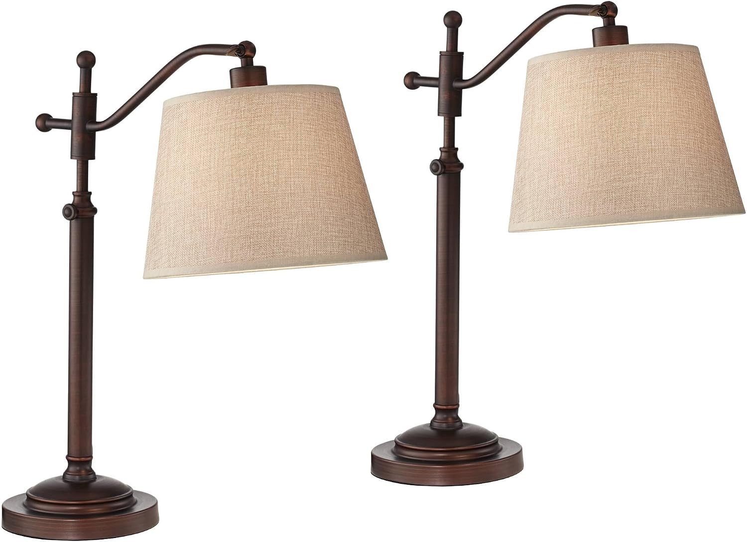Regency Hill Adley 30 1/2' Tall Downbridge Arm Large Farmhouse Rustic Traditional Desk Lamps Set of 2 Adjustable Height Brown Bronze Finish Metal Tan Shade Home Office Living Room Bedroom Bedside