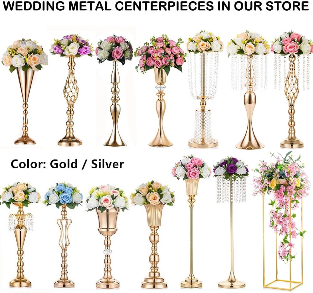 NUPTIO 10 Pcs 23.75 inches Gold Vases for Centerpieces Tall Crystal Metal Vase Flower Stand Holders Wedding Centerpiece Chandelier for Reception Tables Wedding Supplies