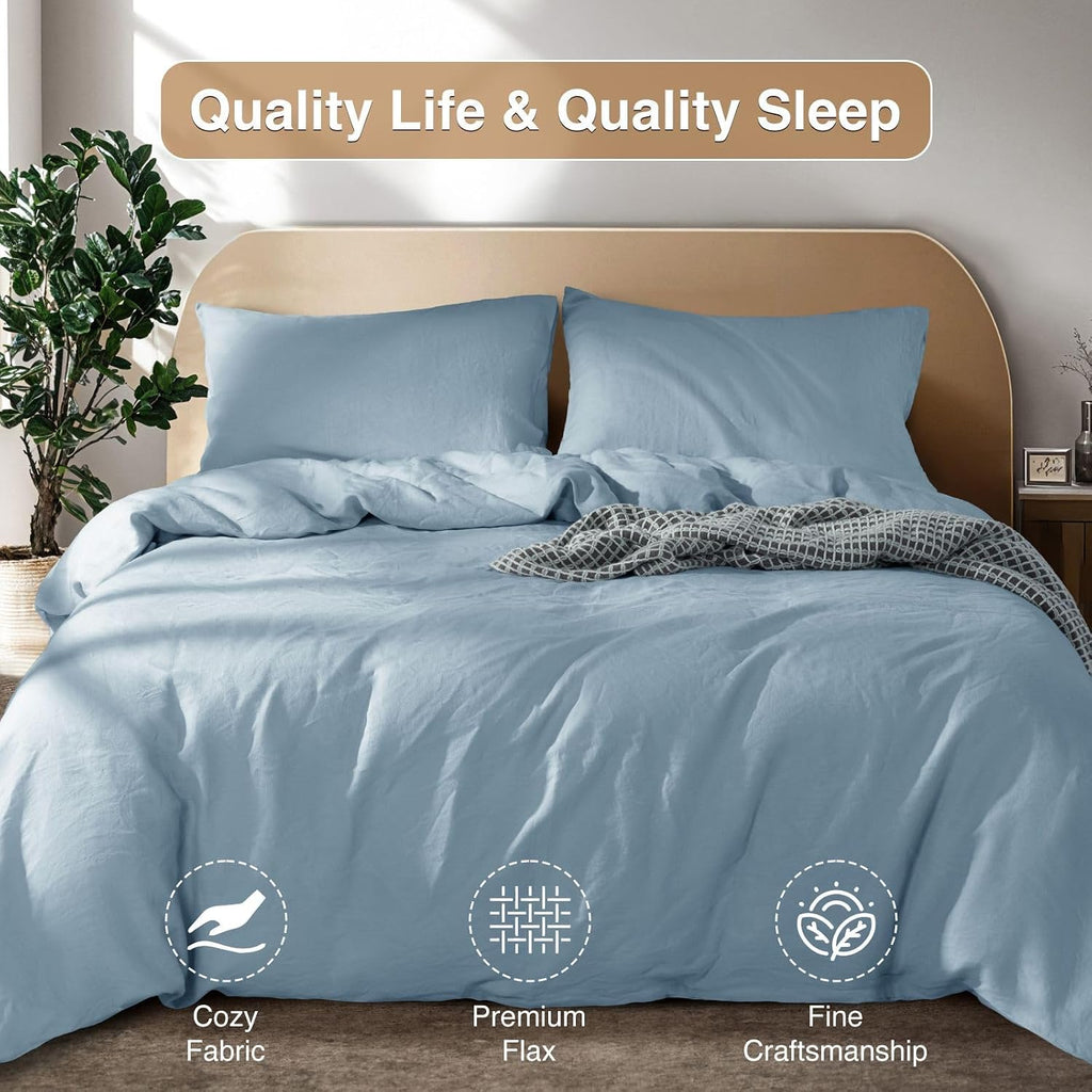 SONORO KATE 100% French Linen Duvet Cover Queen Size, Soft Breathable for Hot Sleepers, Moisture Wicking & Durable Cover Set - Zipper Closure & 4 Corner Ties Duvet Covers 3 Piece (Dusty Blue,Queen)