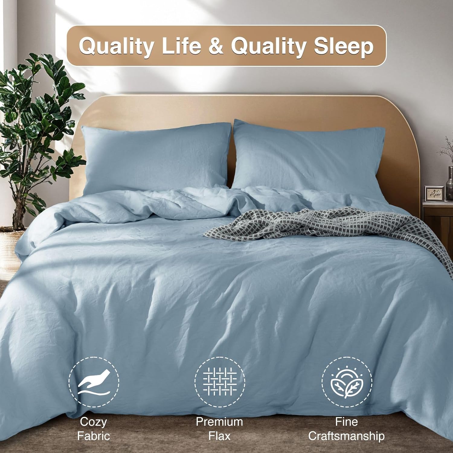 SONORO KATE 100% French Linen Duvet Cover Queen Size, Soft Breathable for Hot Sleepers, Moisture Wicking & Durable Cover Set - Zipper Closure & 4 Corner Ties Duvet Covers 3 Piece (Dusty Blue,Queen)