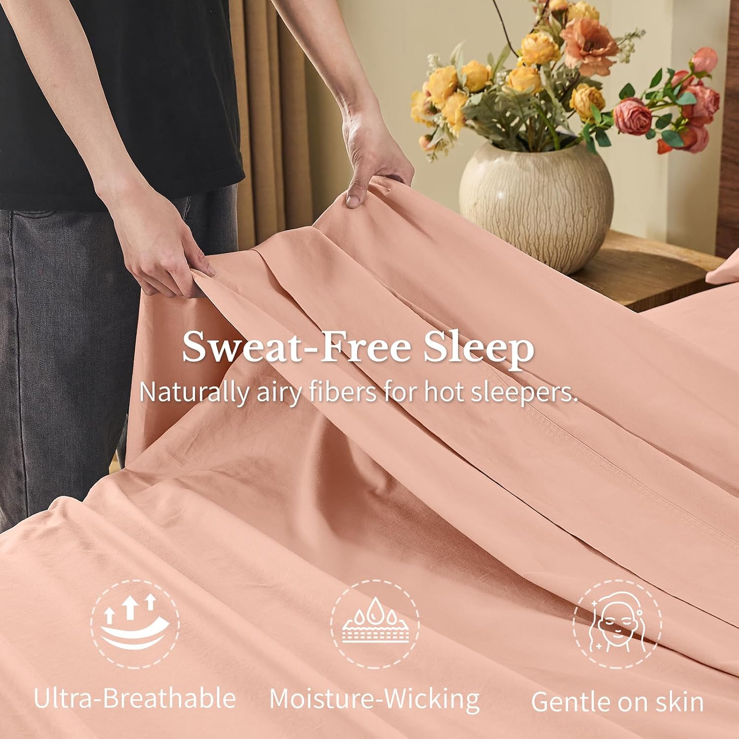MEISHANG 100% French Pure Linen Sheets King Size - Bed Sheets 4 Piece Sets, Soft Durable Flax Linen, Anti-Tear Breathable Moisture Wicking with 16' Deep Pocket (Light Red)