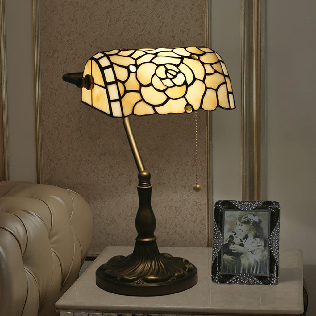 Rose Bankers Lamp Tiffany Vintage Table Lamp Stained Glass Beige Rose Lampshade Table Light Piano Desk Lamp Bedroom Bedside Lamp for Livingroom Office Study,Antique Alloy Base,Zipper Switch,Rose b
