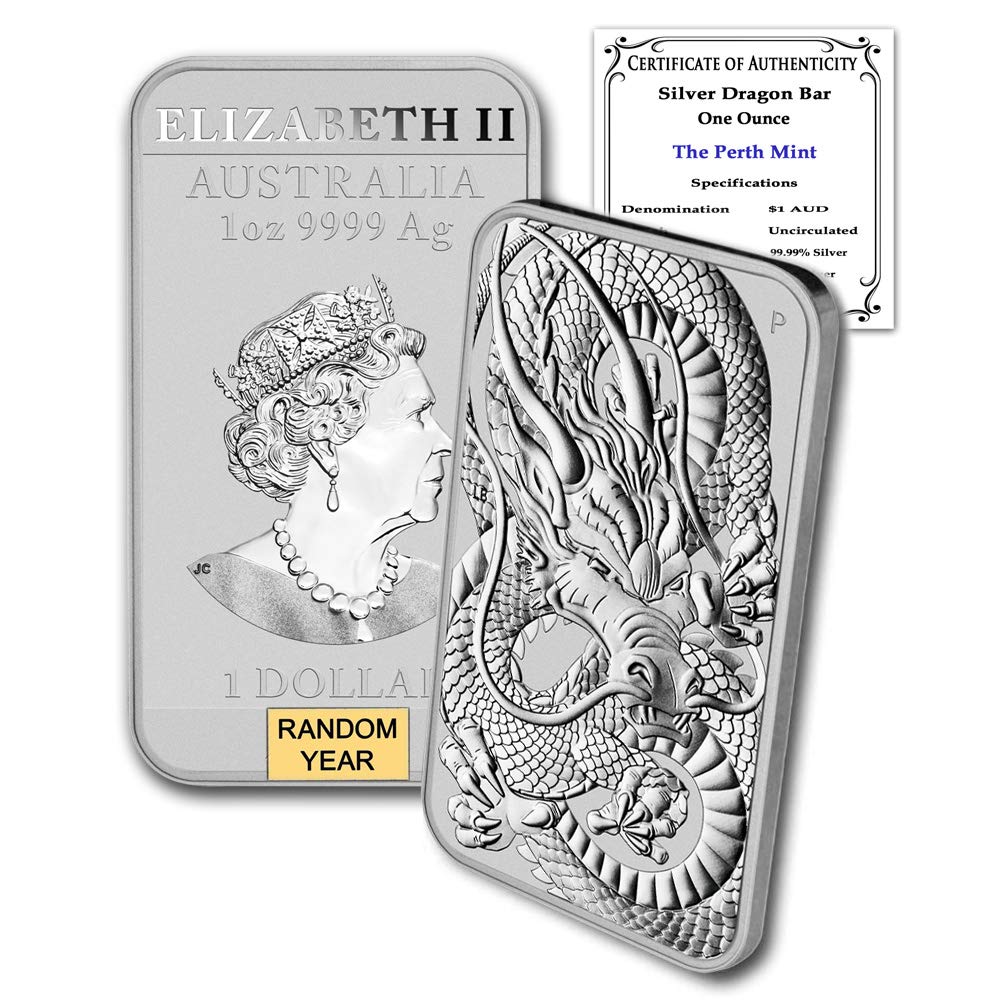 2018 - Present (Random Year) P 1 oz Silver Bar Australia Perth Mint Dragon Series Rectangular Coin Brilliant Uncirculated with Certificate of Authenticity $1 Seller BU