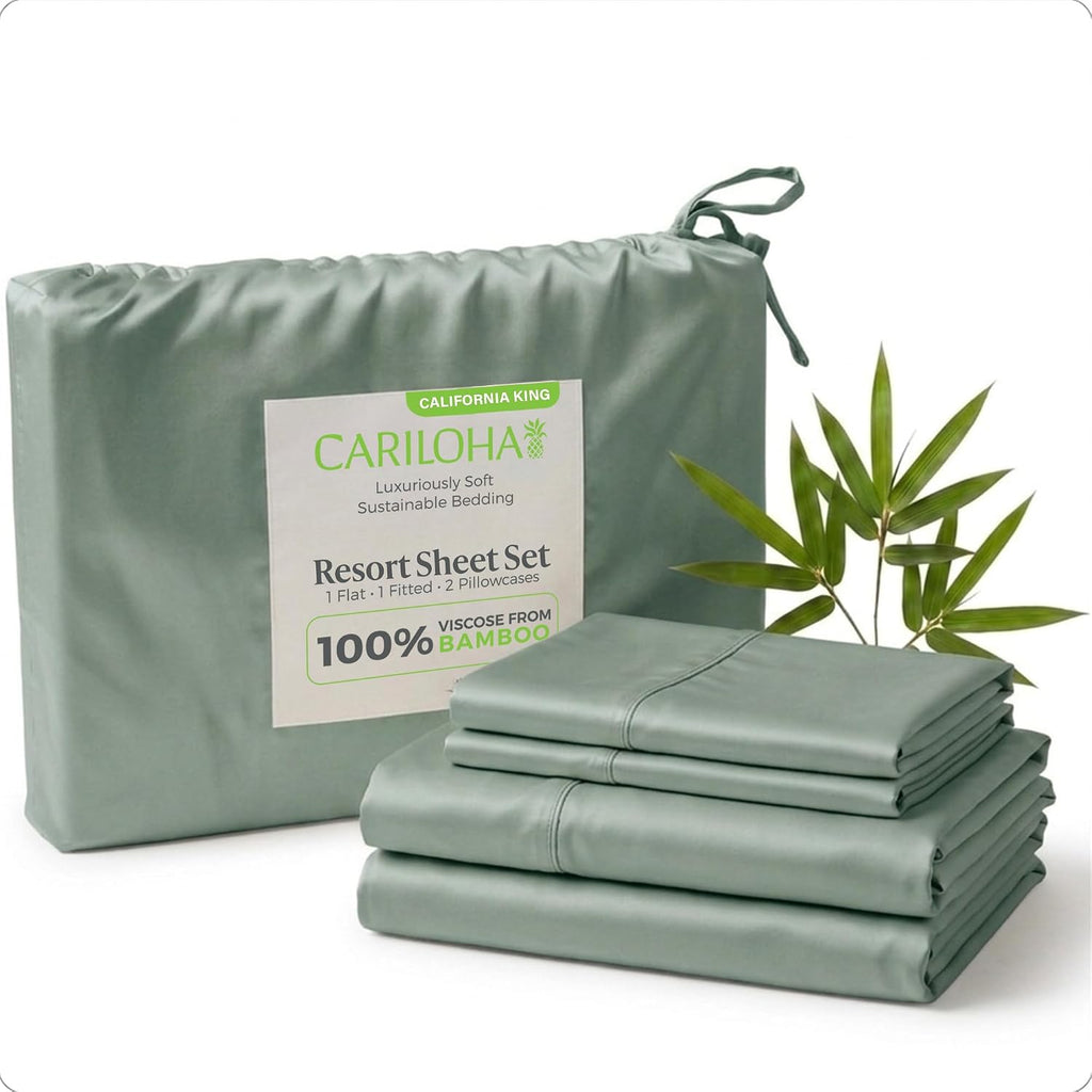 Cariloha Resort 100% Organic Bamboo Viscose Sheets - 4-Piece California King Sheet Set - 18 in Extra Deep Pockets - Sateen Weave, Cooling, Hypoallergenic Sheets - Oeko-TEX Standard 100 - Ocean Mist