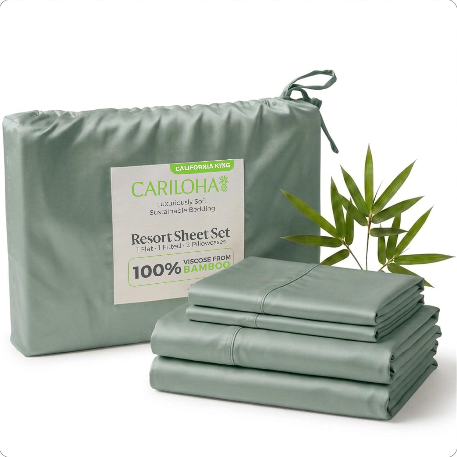 Cariloha Resort 100% Organic Bamboo Viscose Sheets - 4-Piece California King Sheet Set - 18 in Extra Deep Pockets - Sateen Weave, Cooling, Hypoallergenic Sheets - Oeko-TEX Standard 100 - Ocean Mist