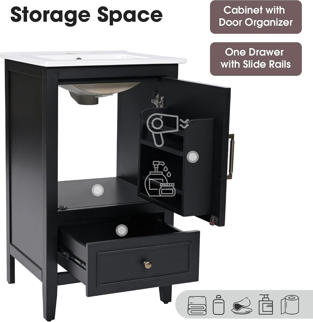 Favfurish 20' Bathroom Vanity with Sink,Water-Resistant Wood One Cabinet Vanities w/Door Shelf Storage and Adiustable Foot Pads,A Drawer,Multi-Functional Storger Space,Black