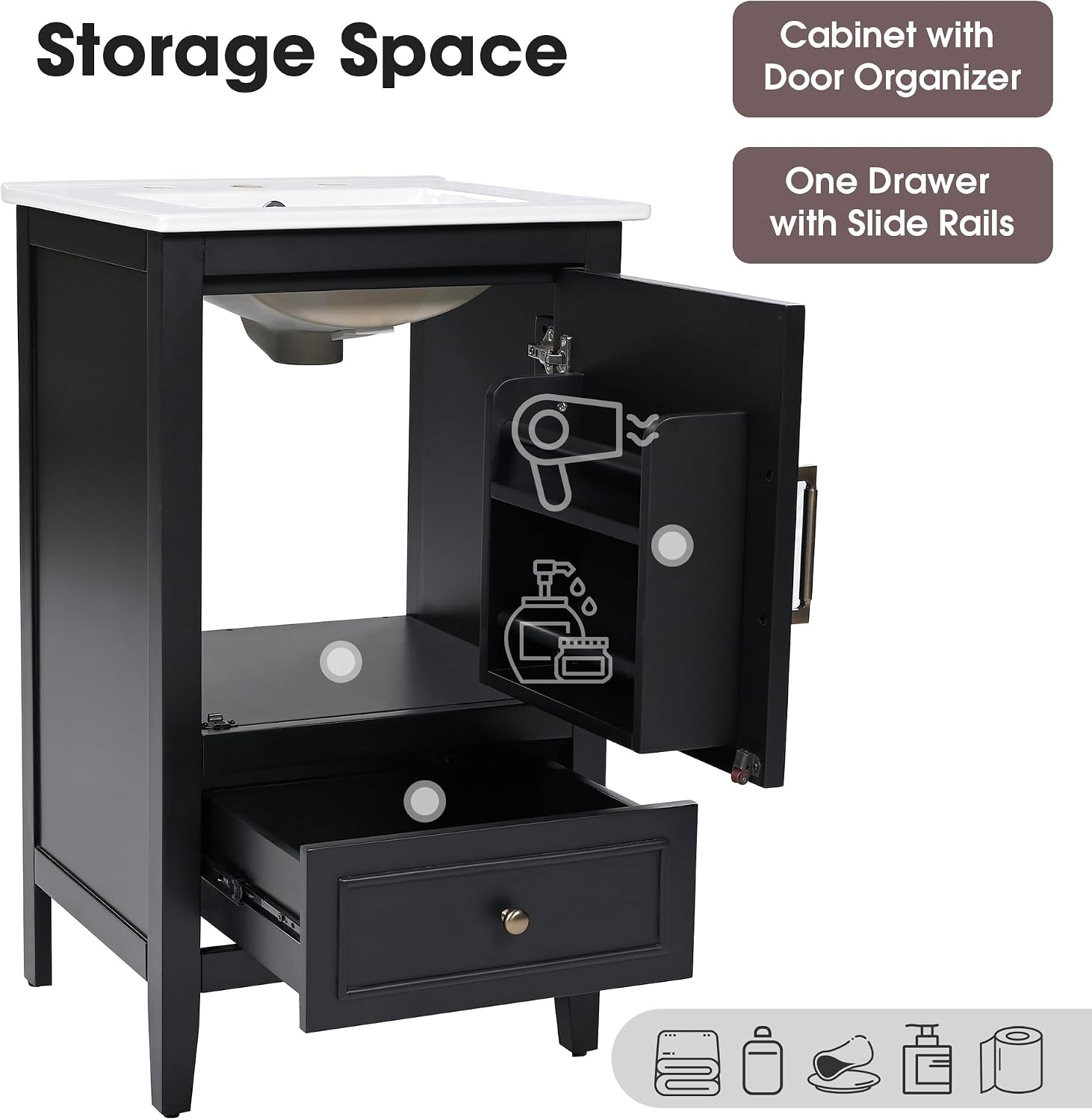 Favfurish 20' Bathroom Vanity with Sink,Water-Resistant Wood One Cabinet Vanities w/Door Shelf Storage and Adiustable Foot Pads,A Drawer,Multi-Functional Storger Space,Black