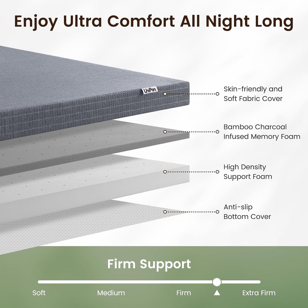 Firm Queen Mattress Topper with Cooling Gel & Bamboo Charcoal, 3 Inch Firm Queen Memory Foam Mattress Topper for Pain Pressure Relief