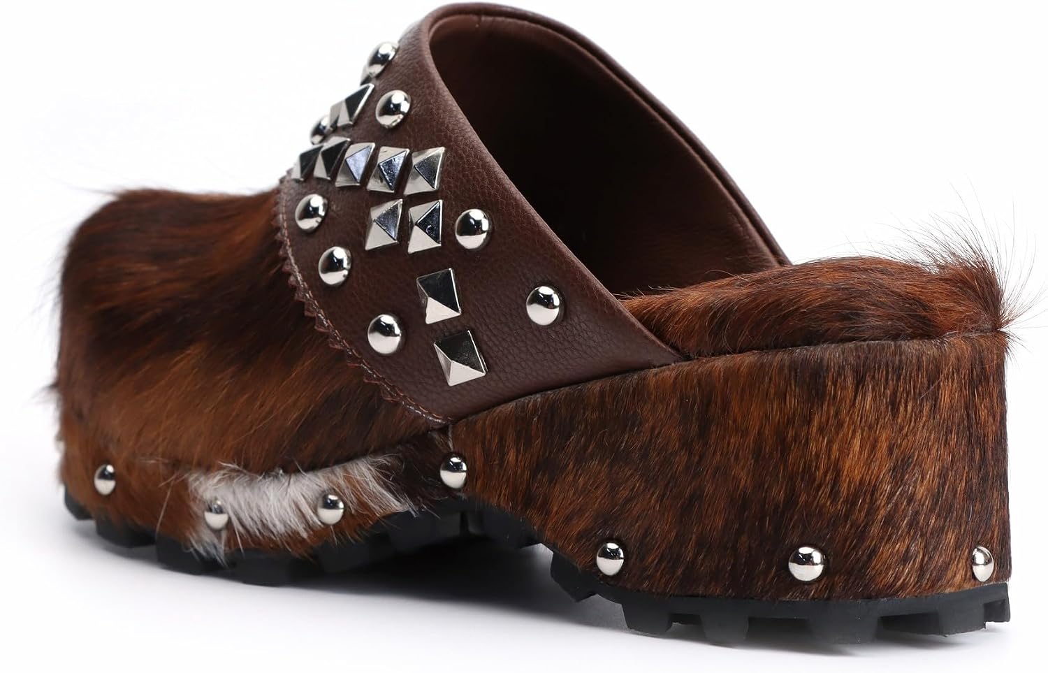 XOBZJH Platform Vintage Rivet Design Clogs for Women with Arch Support – Natural Calf Hair & Leather Patchwork Upper, Leather-Lined Slip-On Mules for All Day Comfort