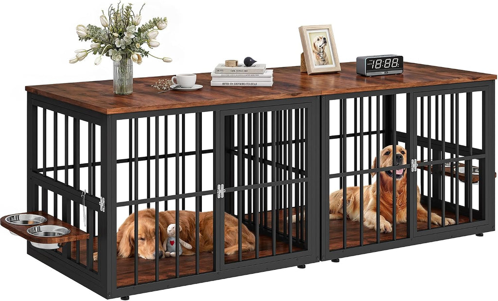 88.6' Large Dog Crate Furniture, Wooden Dog Kennel with Bowls & 3 Doors, Double Crate Furniture TV Stand for Medium Large Dogs, Brown